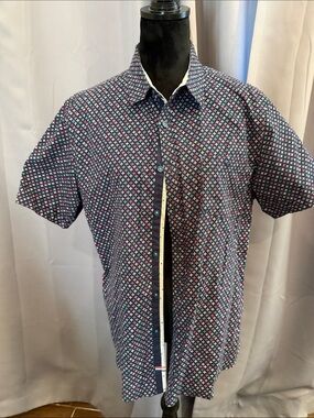 Men's Navy Short-Sleeve Patterned Button-Down Shirt